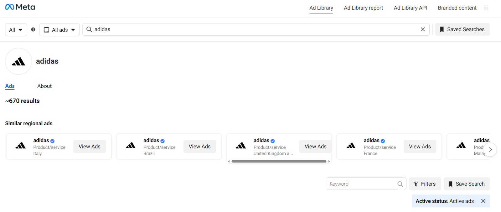 Screenshot showing how to search for Facebook ads on Meta Ads Library