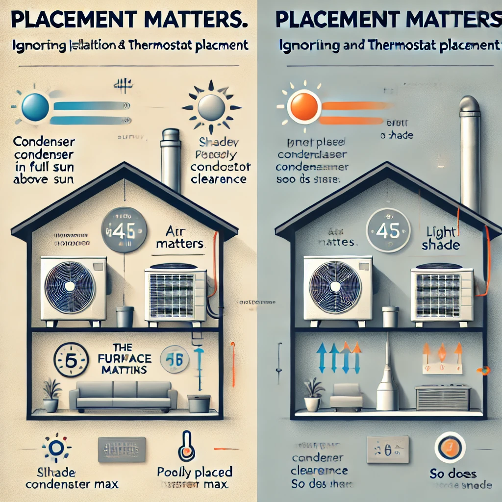 Comparison of poor vs. ideal thermostat and condenser placement, showing airflow issues and sun exposure affecting HVAC performance."