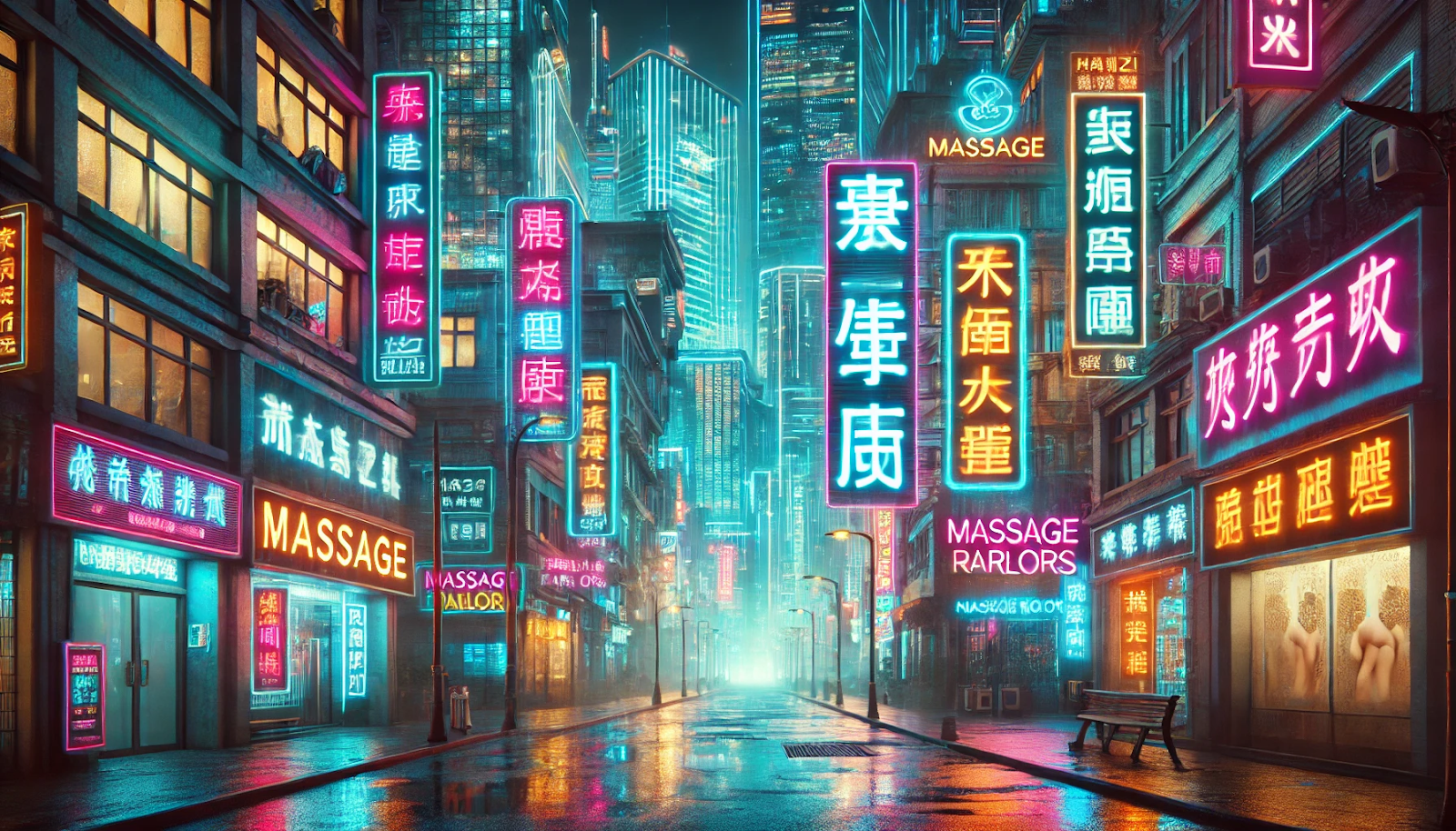 chongqing cyberpunk city neon hanzi massage sign