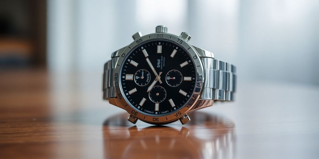 Close-up of a luxury watch on a wooden surface.