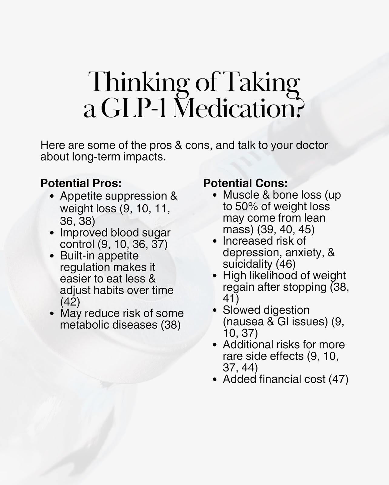Graphic listing the pros and cons of GLP-1 medications like Ozempic and Mounjaro