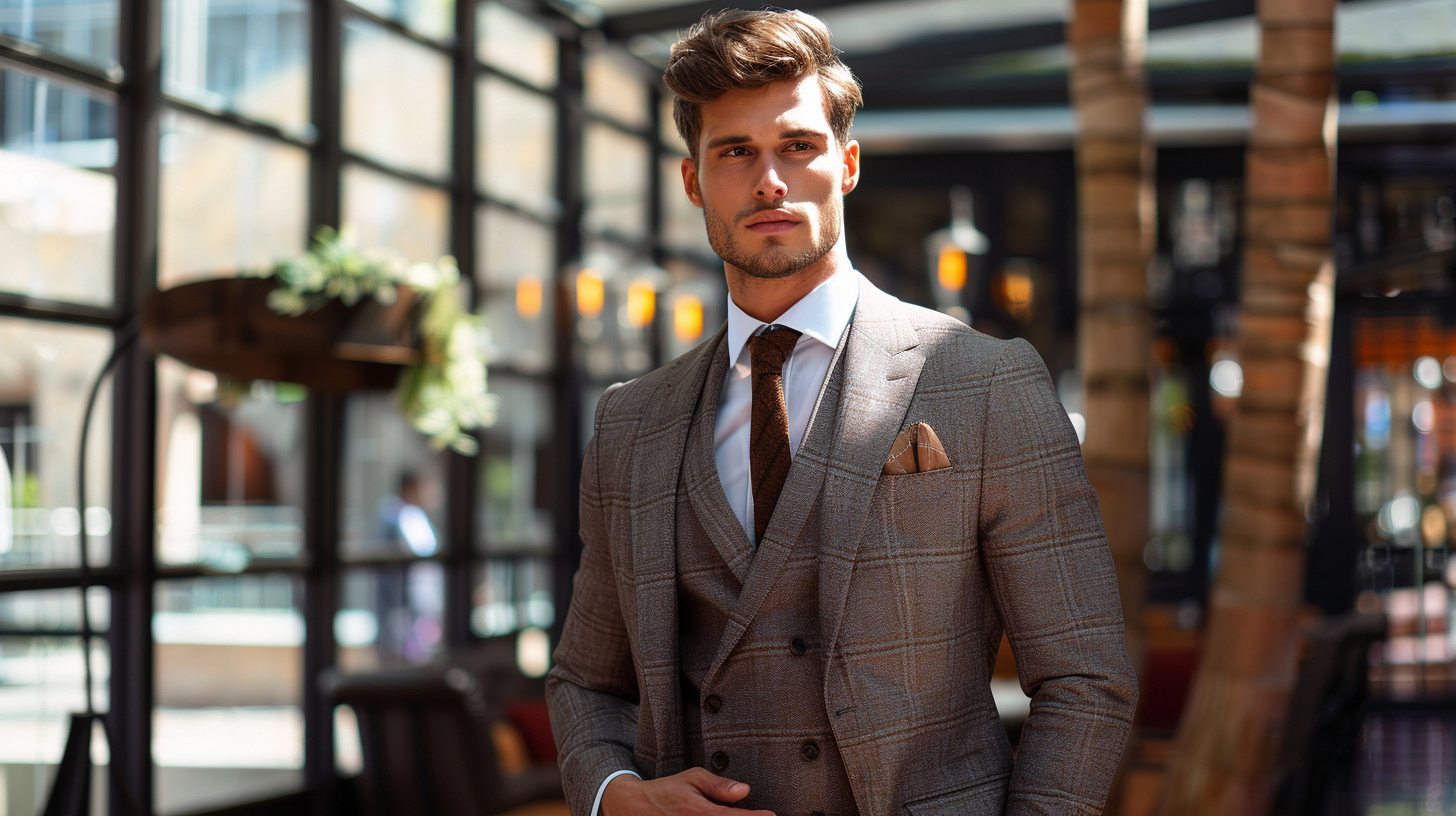 Man in a formal three-piece suit including a vest, standing confidently at a wedding venue or elegant office setting, polished shoes and a refined tie to complete the look.