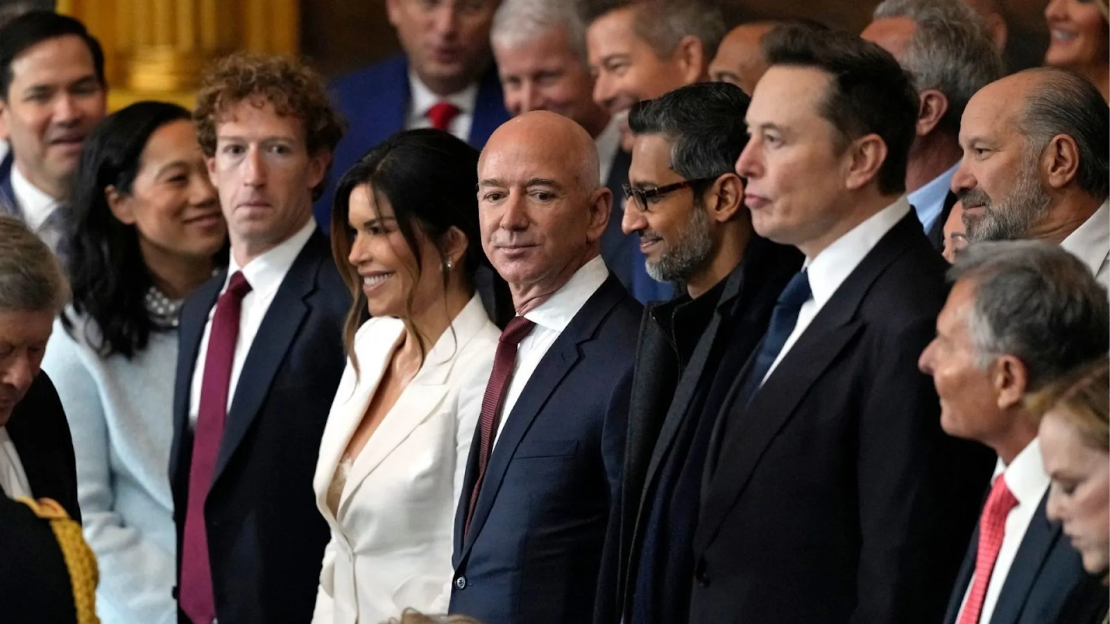 Picture of Mark Zuckerberg, Jeff Bezos, and Elon Musk, the three richest men in the world, in the front row for Donald Trump's inauguration