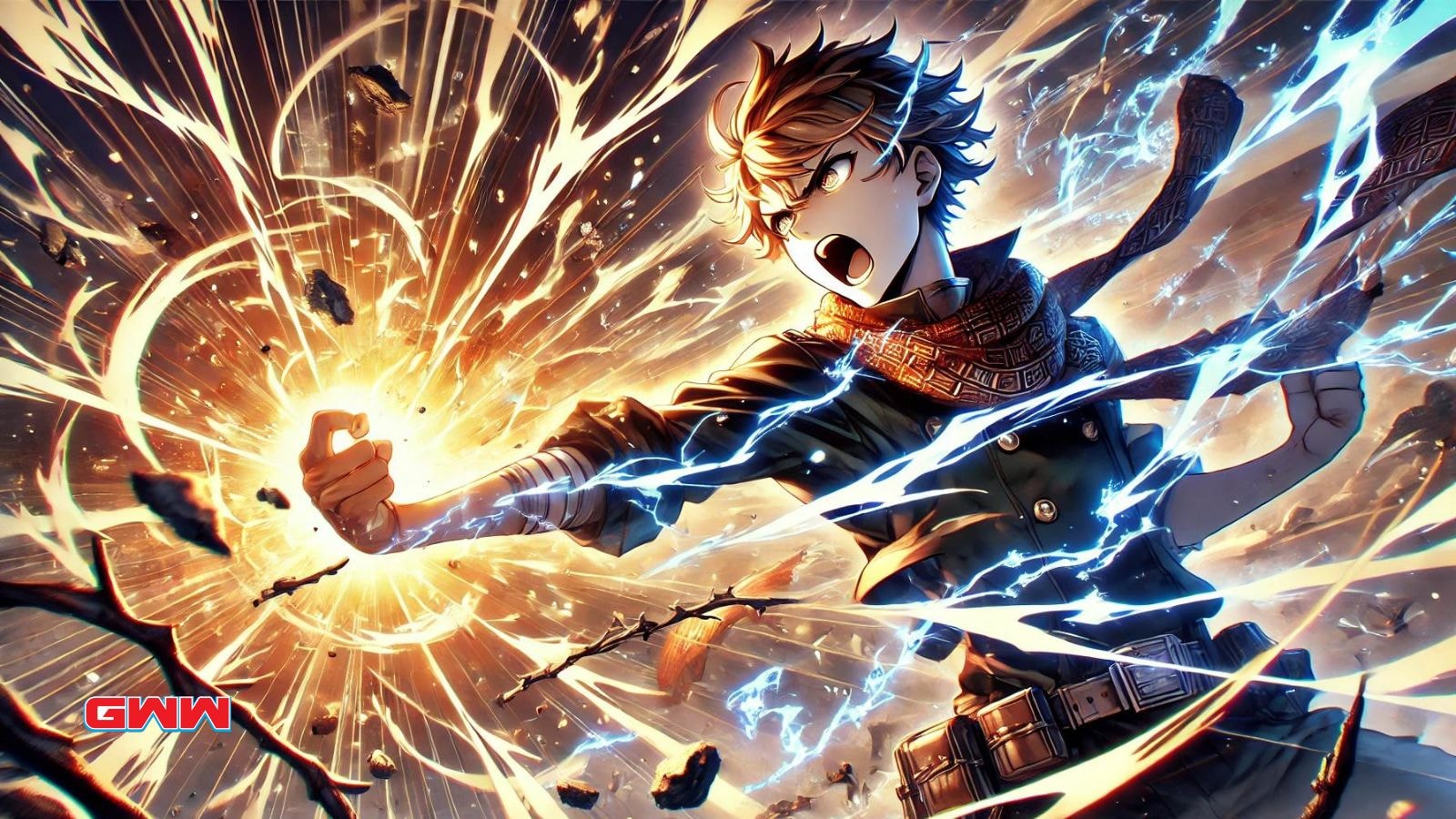 Anime character summoning explosive energy with electric sparks flying around