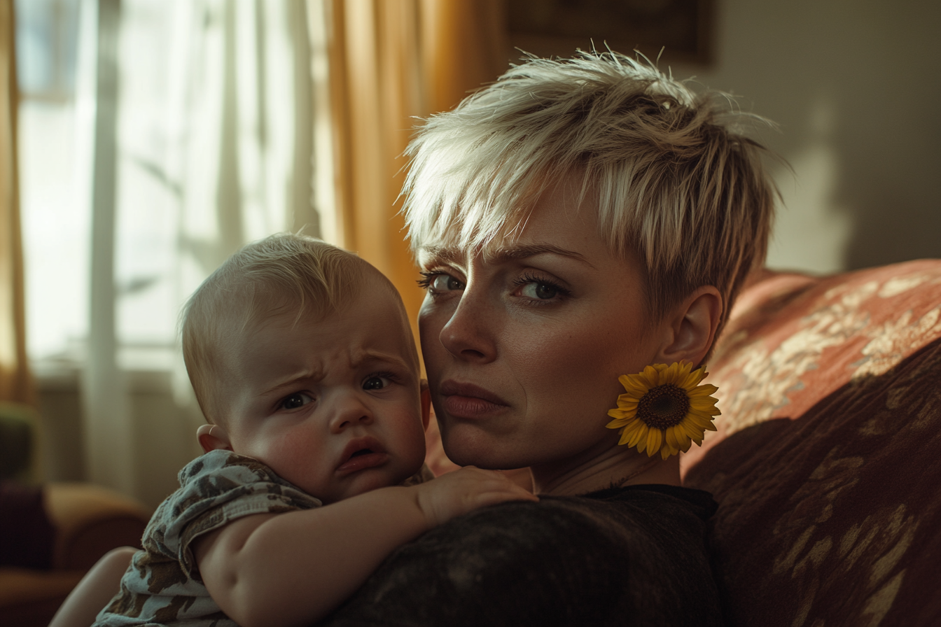 Woman in her 30s holding a baby looking sad on a couch in the living room | Source: Midjourney