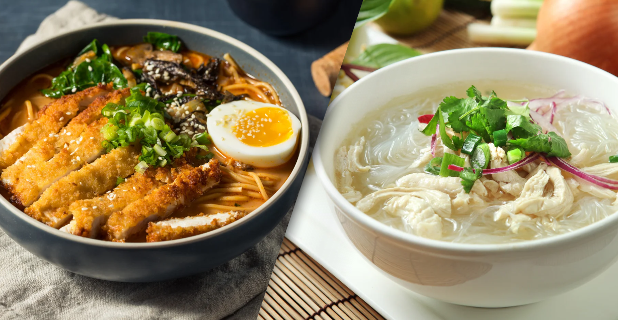 (Geteiltes Bildschirmbild, das links eine herzhafte Schüssel Ramen und rechts ein leichtes, klares Pho zeigt – wodurch der Kontrast zwischen den beiden ikonischen Nudelsuppen perfekt hervorgehoben wird.)