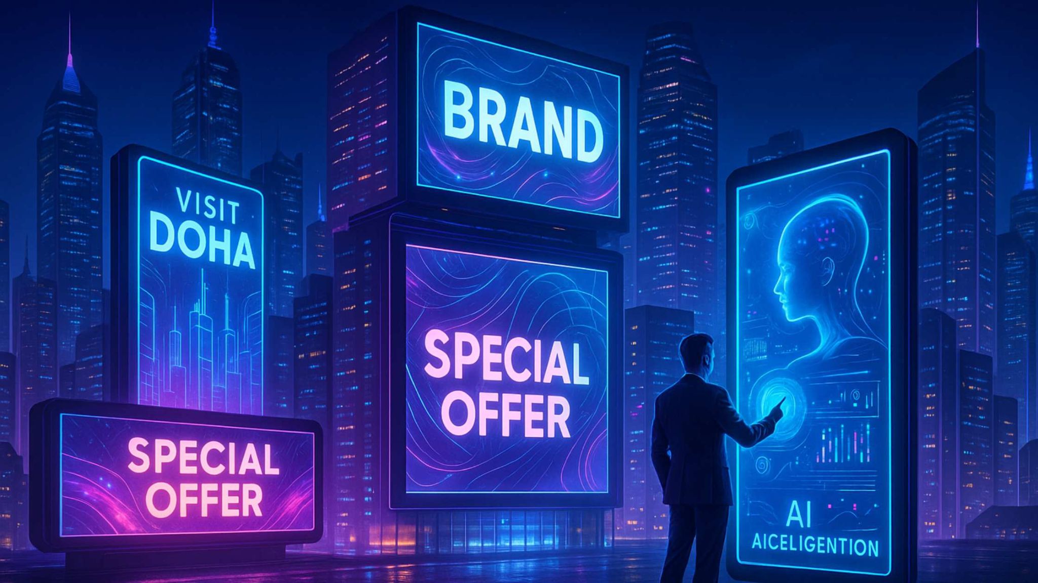 Advertising and Digital Signage Solutions in Doha – A Glimpse into the Future of Urban Marketing Futuristic cityscape showcasing advertising and digital signage solutions in Doha, with glowing billboards promoting AI, branding, and travel offers.