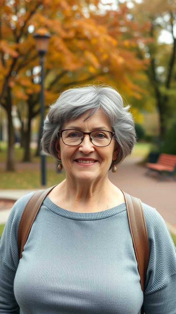 An older woman with a textured crop hairstyle, smiling in a park setting with autumn leaves.