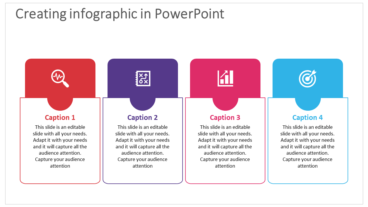 PowerPoint infographic slide with four colorful sections, each featuring an icon, caption, and editable text space.