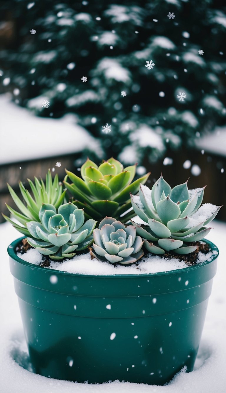 A collection of succulent plants arranged in a snowy winter planter, with snowflakes gently resting on the leaves