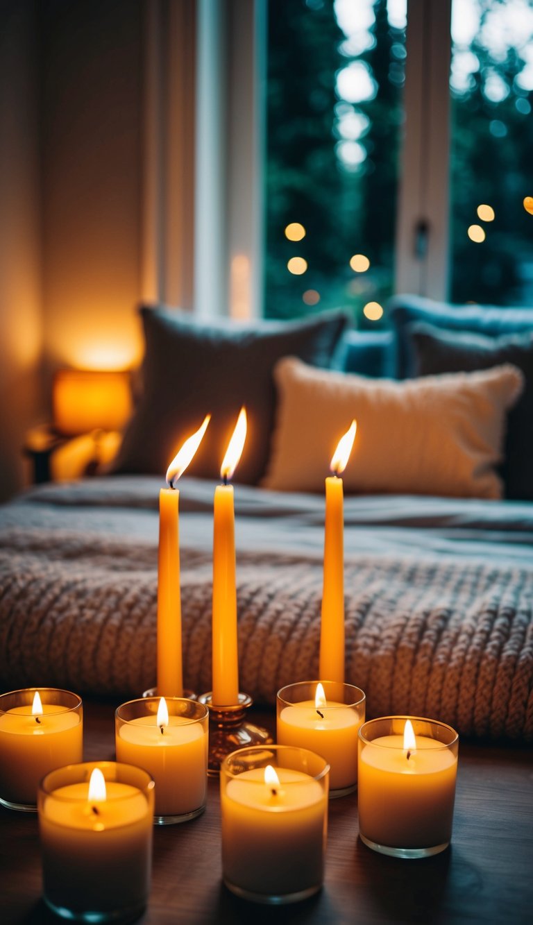 A cozy bedroom with flickering candles emitting a warm scent, creating a tranquil and inviting atmosphere