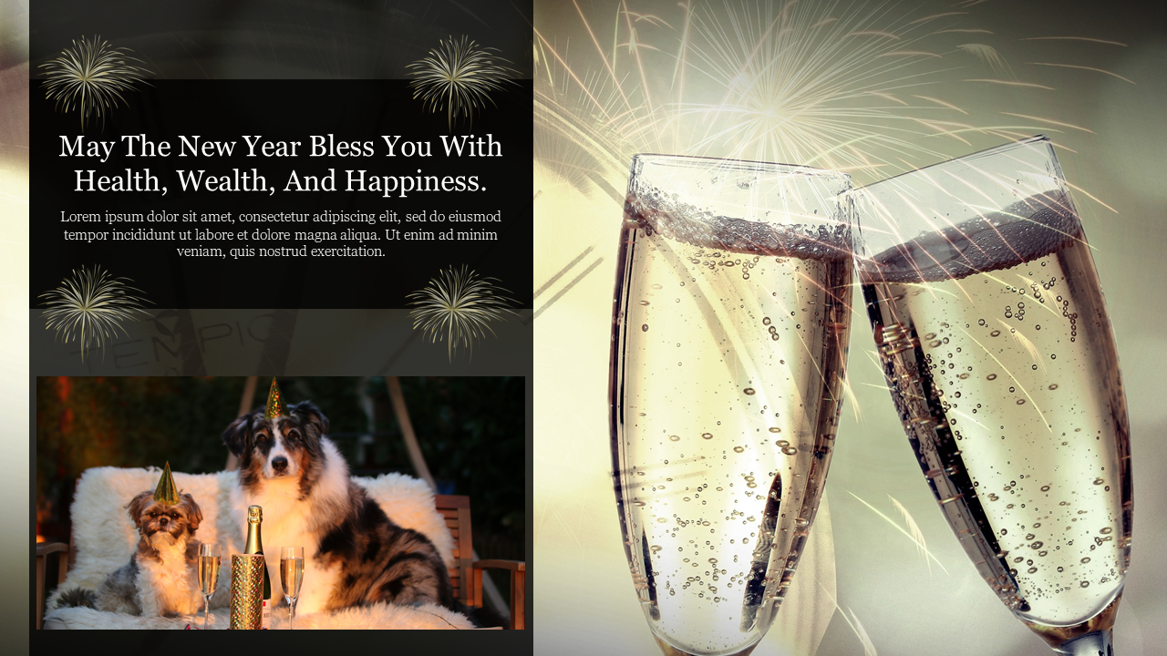 New Year celebration slide with champagne glasses, fireworks, a festive greeting, and two dogs wearing party hats.