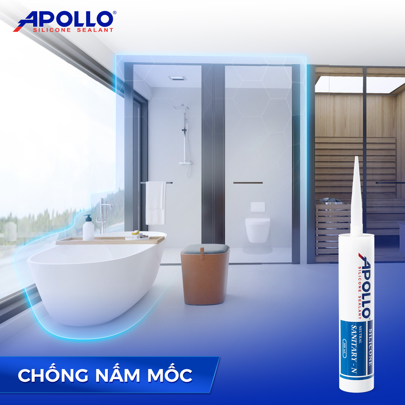 Apollo Sanitary-N mang lại khả năng chống thấm nước vượt trội và ngăn ngừa sự phát triển của nấm mốc, giúp giữ cho cửa nhôm kính thông gió luôn bền đẹp