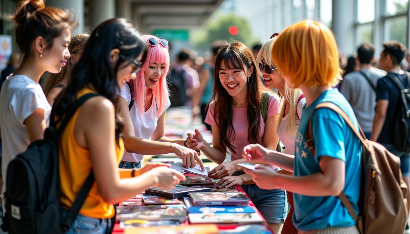 A group of teenagers in colorful anime costumes gather at a convention booth. A group of teenagers in colorful anime costumes gather at a convention booth.
