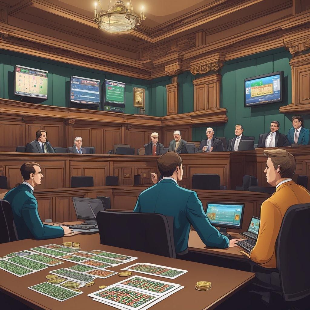 A courtroom with judges and lawyers discussing gambling laws. A computer with an online casino website is displayed as evidence