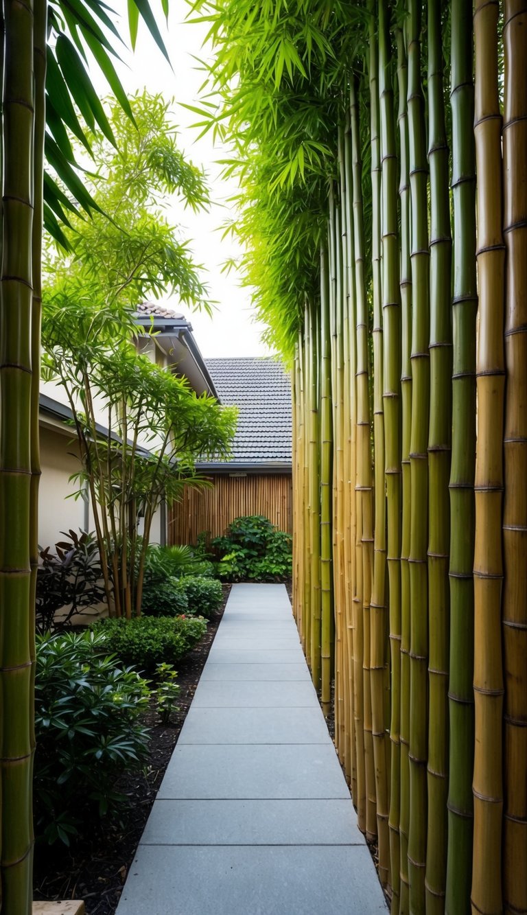 A row of tall bamboo screens creates privacy between two houses in a lush garden setting