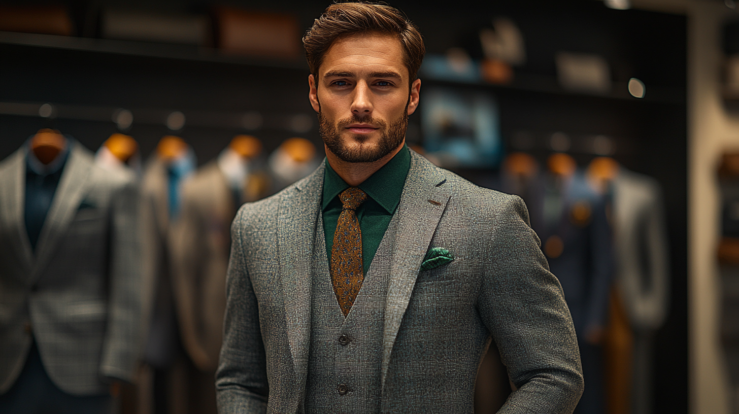 A stylish man wearing a perfectly tailored gray suit with a crisp green shirt, standing confidently. The background features a sleek, modern display of gray suits and green shirts on mannequins or hanging elegantly, creating a cohesive and fashionable atmosphere. He pairs his outfit with a matching tie, polished dress shoes, a coordinated belt, and a neatly folded pocket square. The lighting is soft and professional, highlighting the textures and colors. The setting is sophisticated, resembling a high-end menswear boutique or an elegant showroom.