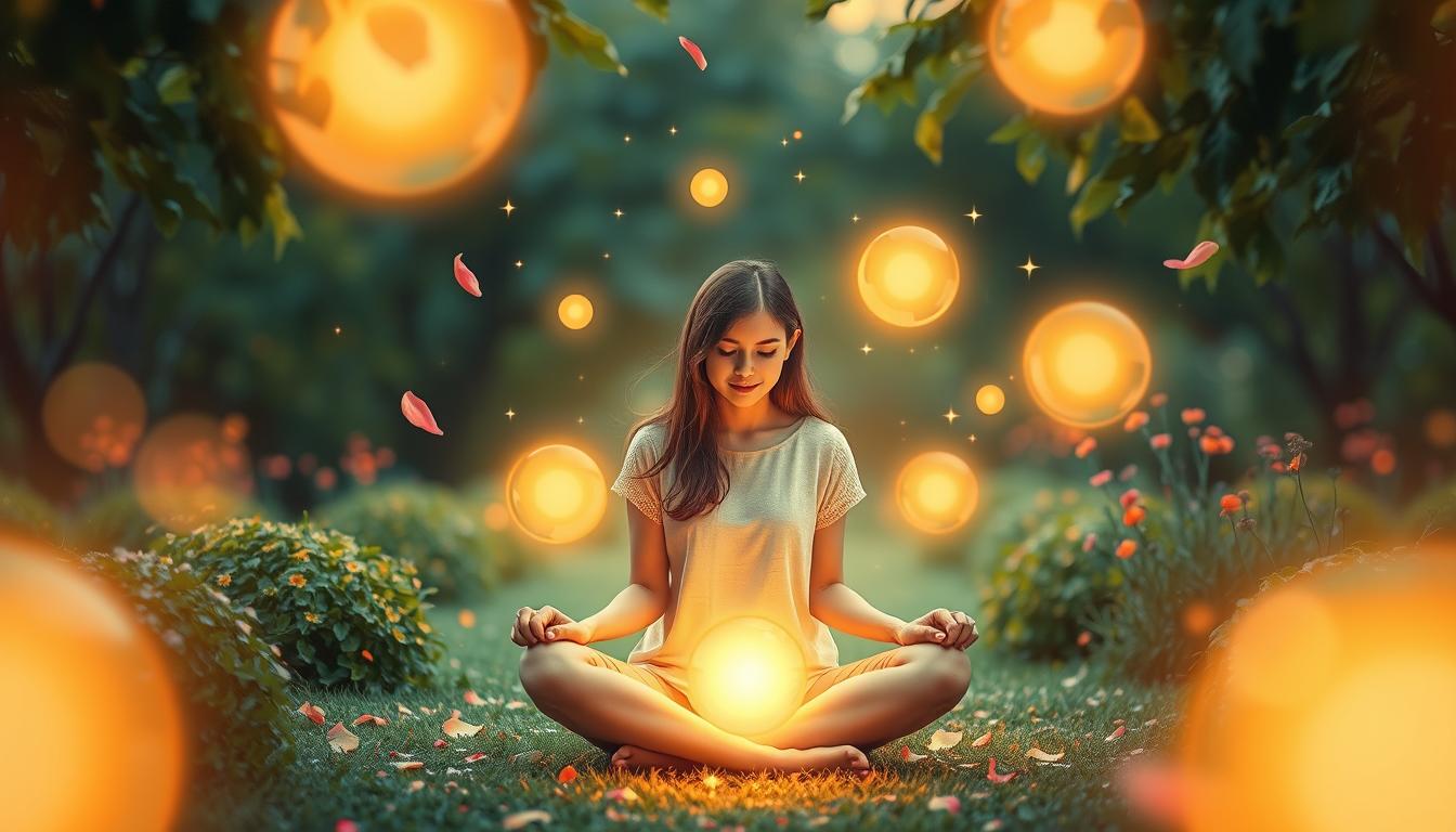 A serene scene of a young woman seated cross-legged in a peaceful garden, surrounded by glowing orbs of light symbolizing intentions, with soft petals and stars floating around her, as she envisions her ideal boyfriend; warm colors, ethereal atmosphere, gentle breeze rustling the leaves.