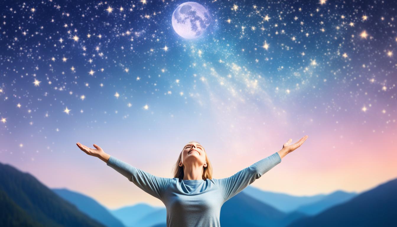 A person standing with their eyes closed, arms outstretched towards the sky. The sky is filled with bright stars and a full moon, symbolizing the vastness and abundance of the universe. The person's body language conveys complete surrender and trust in the universe to guide them towards their desires.