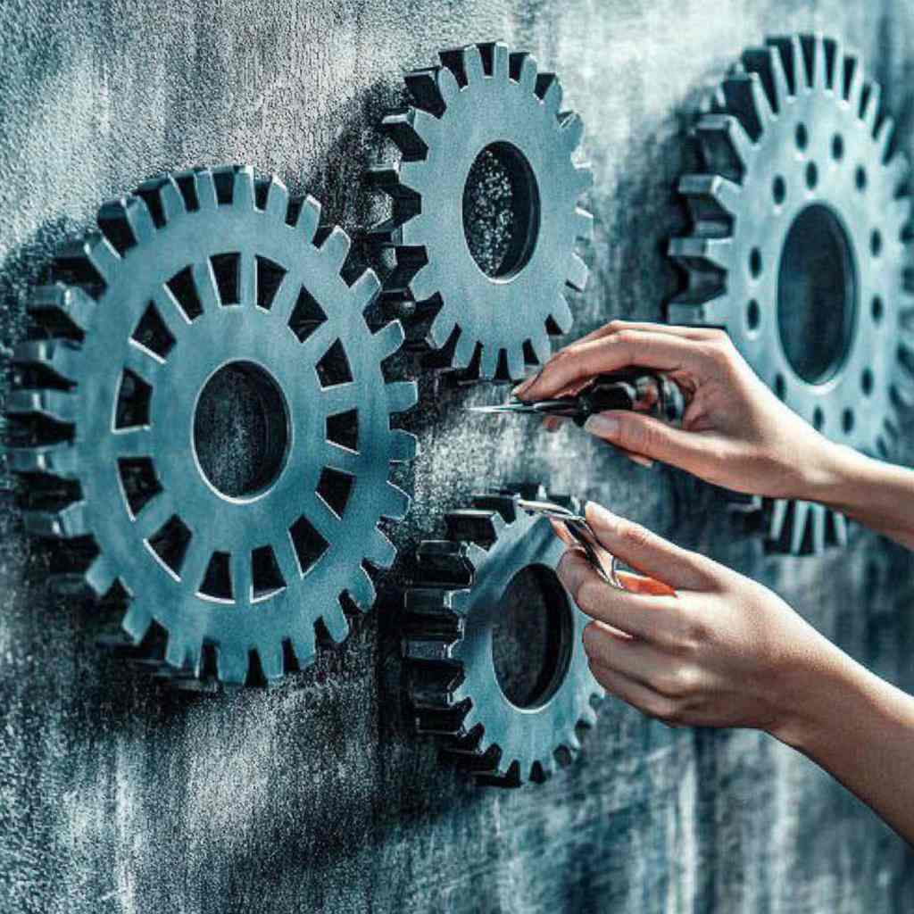 Executives fitting interlocking gears together in a sleek workshop, representing the systematic process of implementing a leadership readiness assessment.