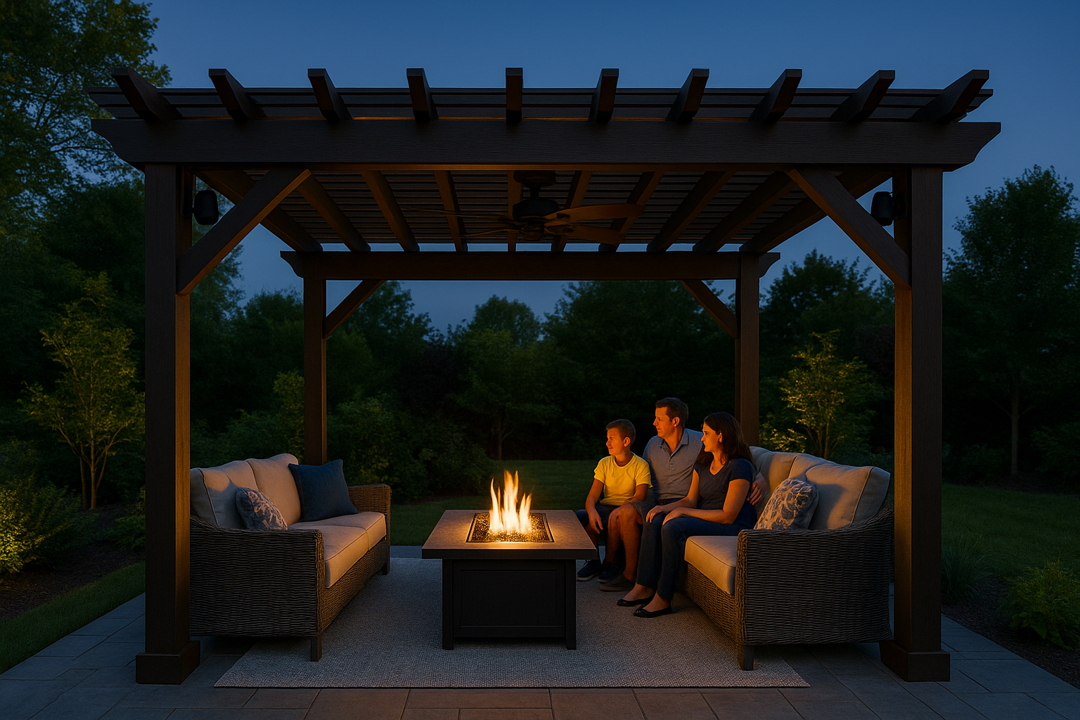 Pergola with integrated sound system and people enjoying music in an outdoor living space.