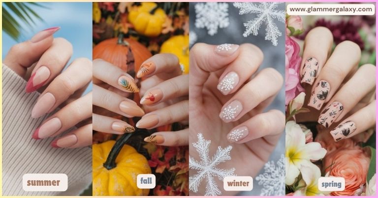 Collage showcasing four seasonal nail art designs