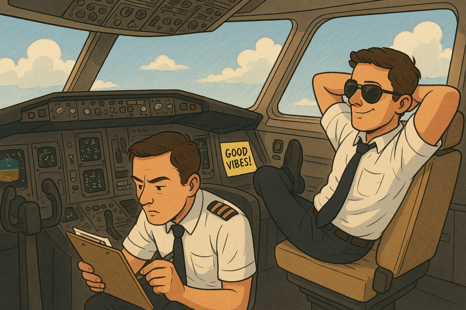 Two pilots sit in an airplane cockpit. The co-pilot lounges back with sunglasses and a smile, while the pilot leans forward, seriously checking a clipboard. A sticky note on the dashboard reads, “Good vibes!” Bright blue skies and clouds are visible through the cockpit windows.