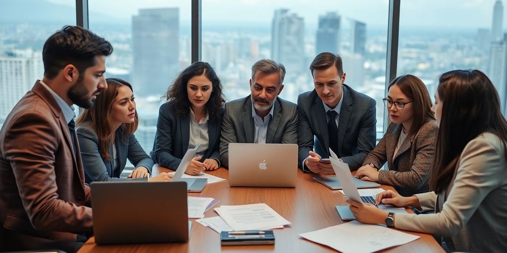 Group of professionals discussing in a modern office.