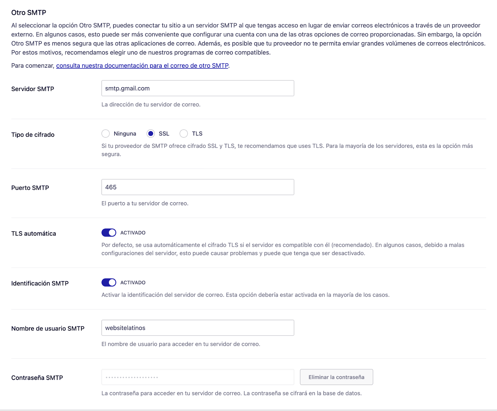 imagen con las configuraciones de Easy WP SMTP, SSL, puerto,nombre usuario