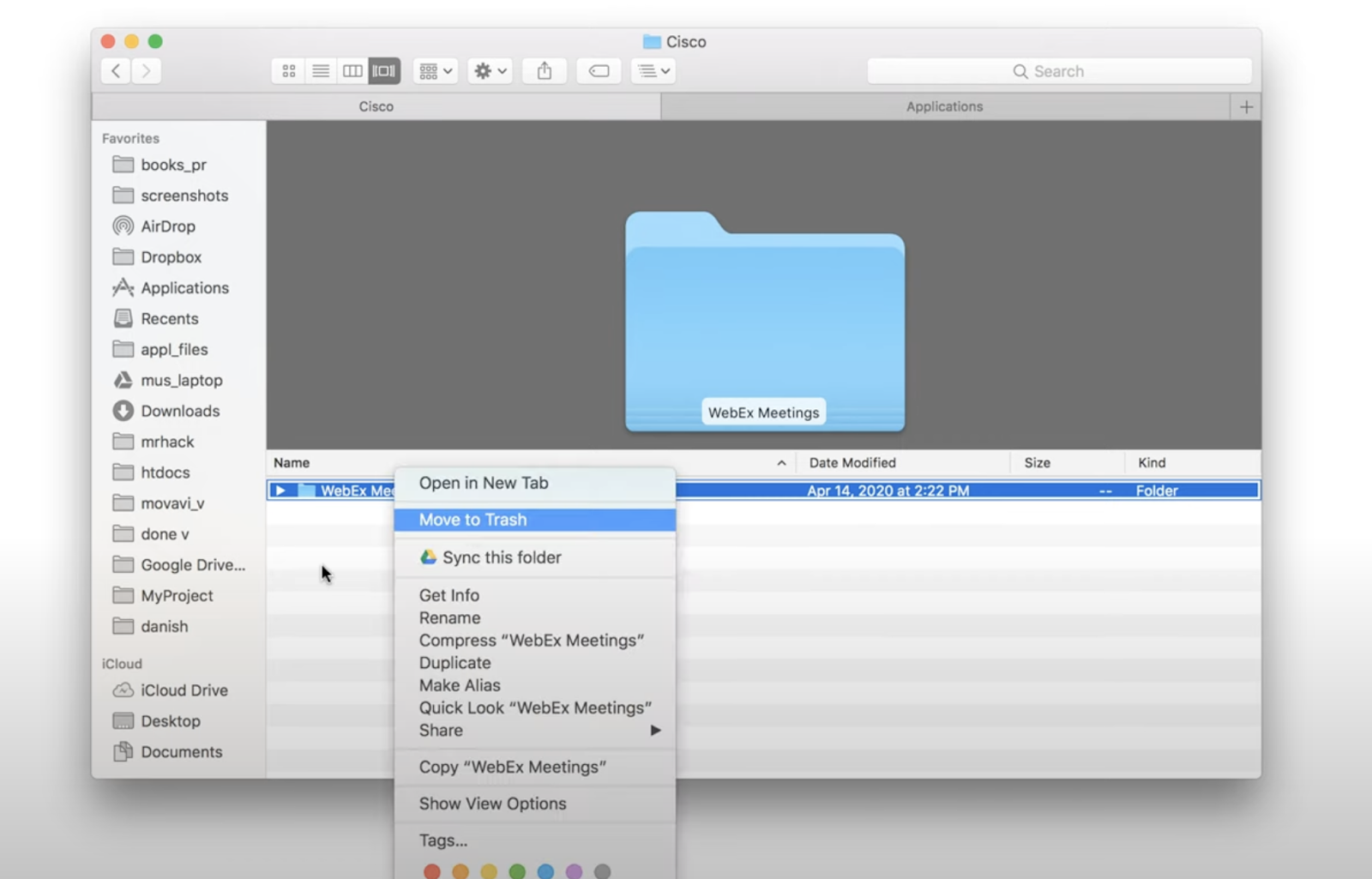 Move to trash Webex in mac