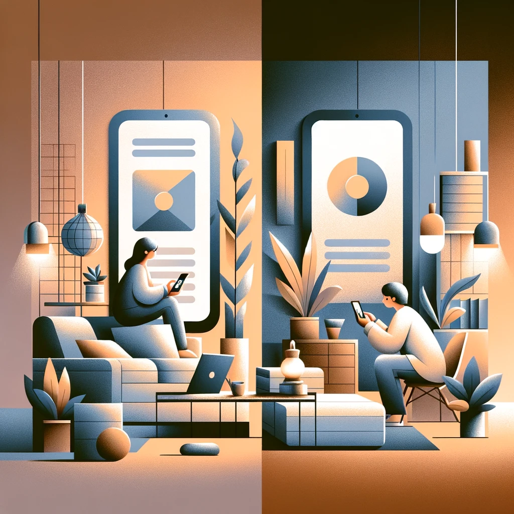 Splitscreen of two illustrations of app development