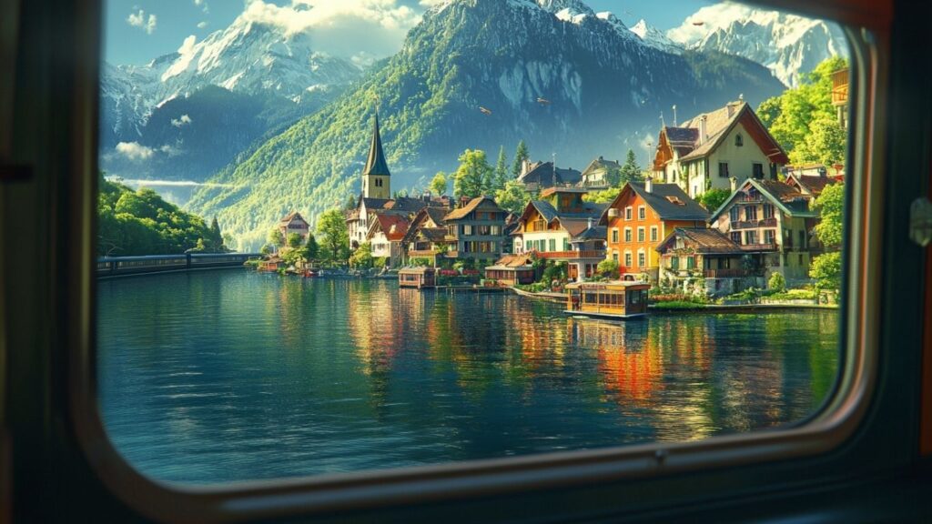 Colorful Swiss village reflected in a clear alpine lake