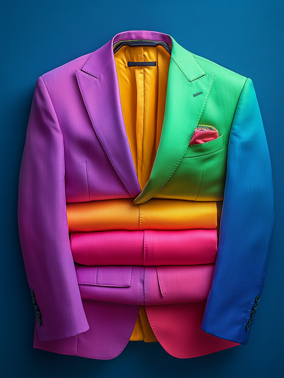 
A neatly folded neon-colored suit, radiating vibrant energy with shades like electric blue, neon green, or hot pink. The jacket's bold lapels stand out, carefully arranged to highlight its sleek design, with the trousers perfectly aligned beneath. The fabric has a luminous sheen, reflecting dynamic, bright lighting. The suit is placed on a simple, neutral surface to emphasize its eye-catching, high-energy aesthetic