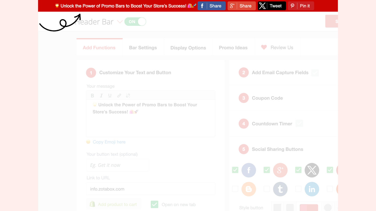 A visual representation of how Zotabox’s Promo Bar integrates social sharing buttons to boost visibility and drive organic traffic through platforms like Facebook and Instagram.