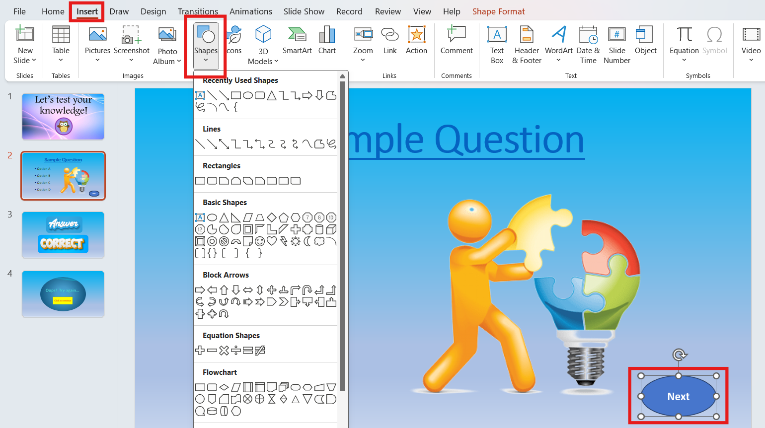 Inserting Shapes option in PowerPoint. Next button is highlighted.