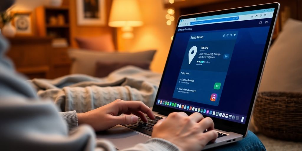 Person using a laptop with VPN in cozy setting.
