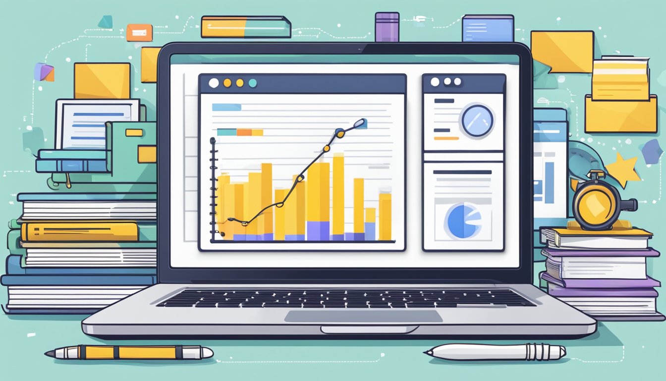 A laptop displaying Amazon search results for keyword ranking, surrounded by books on SEO and a notepad with keyword research notes