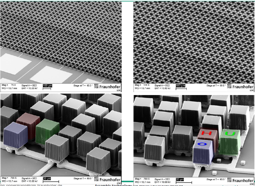 SEM imaging of assembled micro-display of Figure 1 with 3 different small die (RGB) soldered on target substrate