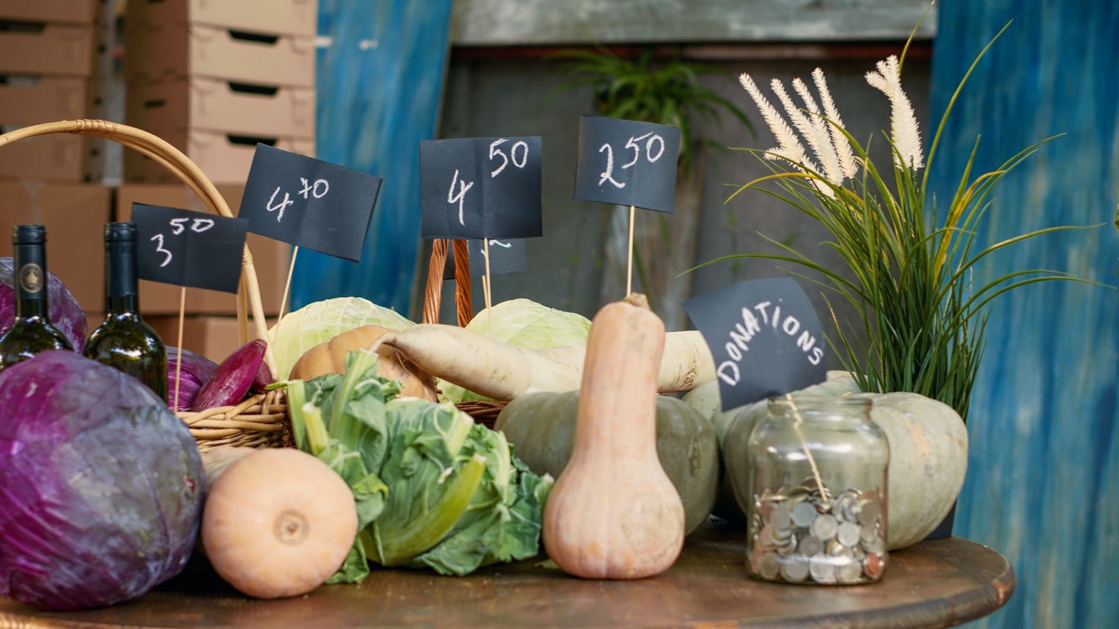 Seasonal vegetables and natural products exhibited on a market stand in Val-David