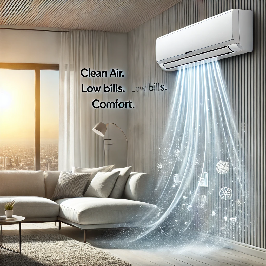 Modern living room with clean mini-split system operating, symbolizing energy efficiency and indoor air quality