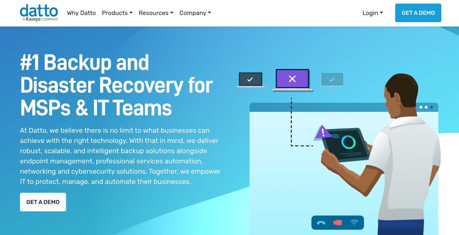 Datto homepage picture. It says, "#1 Backup and disaster recovery for MSPs & IT Teams."