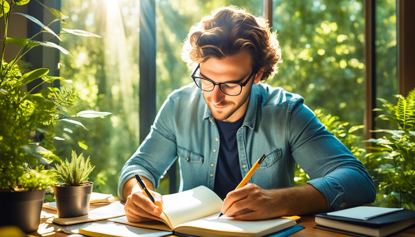 A person sitting at a desk, surrounded by nature, with their journal open in front of them. Sunlight streams in through the window, illuminating the pages of the journal. The person has a look of focused determination on their face as they write down their desires and intentions. The plants and trees around them seem to be thriving and growing abundantly, symbolizing the manifestation of their wishes.