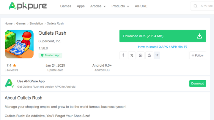 Image showing outlets rush APK version on APKpure 