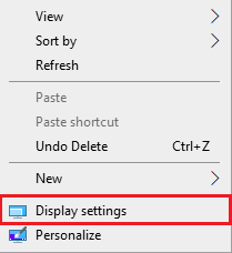 A screenshot of the menu that's displayed when right-clicking the desktop on a Windows PC, highlighting the "Display settings" option