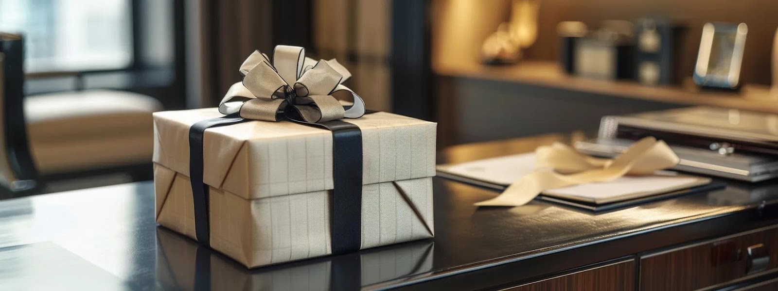 a beautifully arranged and elegantly wrapped jewelry gift box sits prominently on a sleek, modern office desk, complemented by satin ribbons and a personal touch, embodying the anticipation and joy of thoughtful gifting.