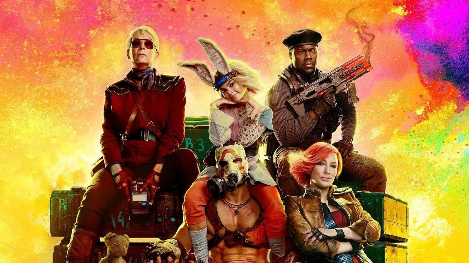 Elenco de "Borderlands" con Cate Blanchett, Kevin Hart y otros personajes sentados en una atmósfera colorida y caótica, vestidos como sus respectivos personajes del videojuego.