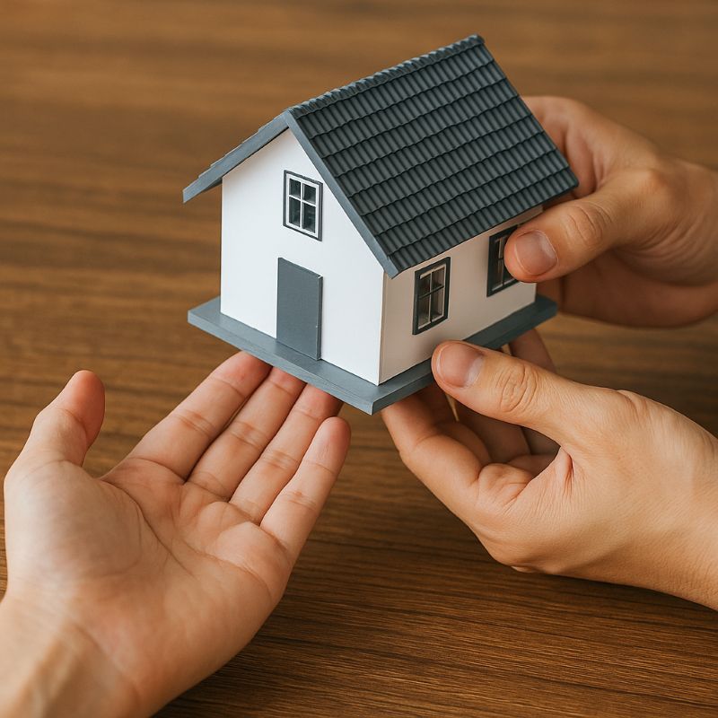 Mô hình ngôi nhà đồ chơi đặt giữa hai bàn tay trao đổi