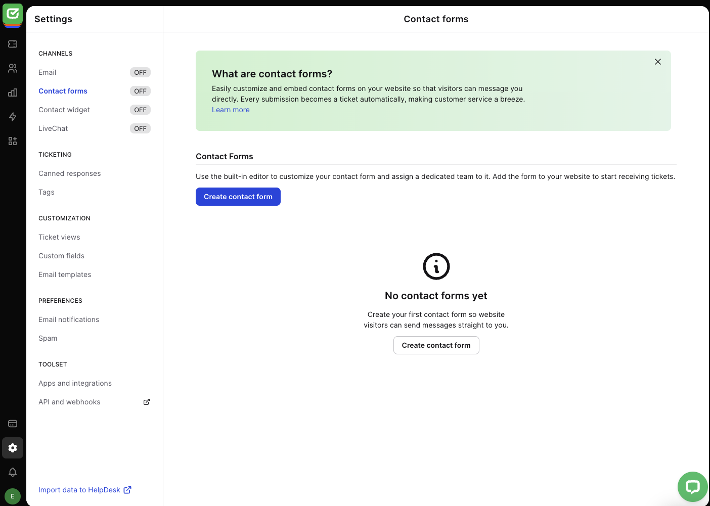 Overview of contact form settings.