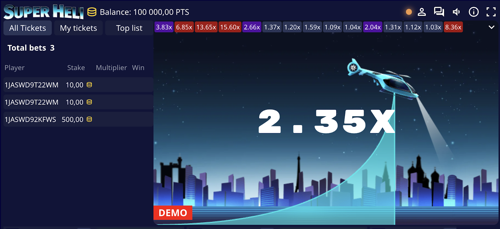 Tela do jogo Super Heli com multiplicador e opções de apostas.