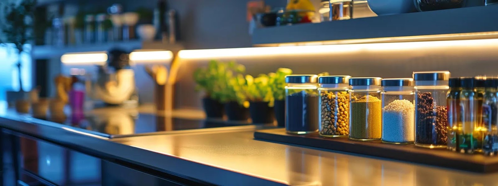 a sleek, modern kitchen countertop displays an array of colorful cat food ingredients, prominently featuring warning icons next to the harmful components, emphasizing a clear message about feline safety in pet nutrition.